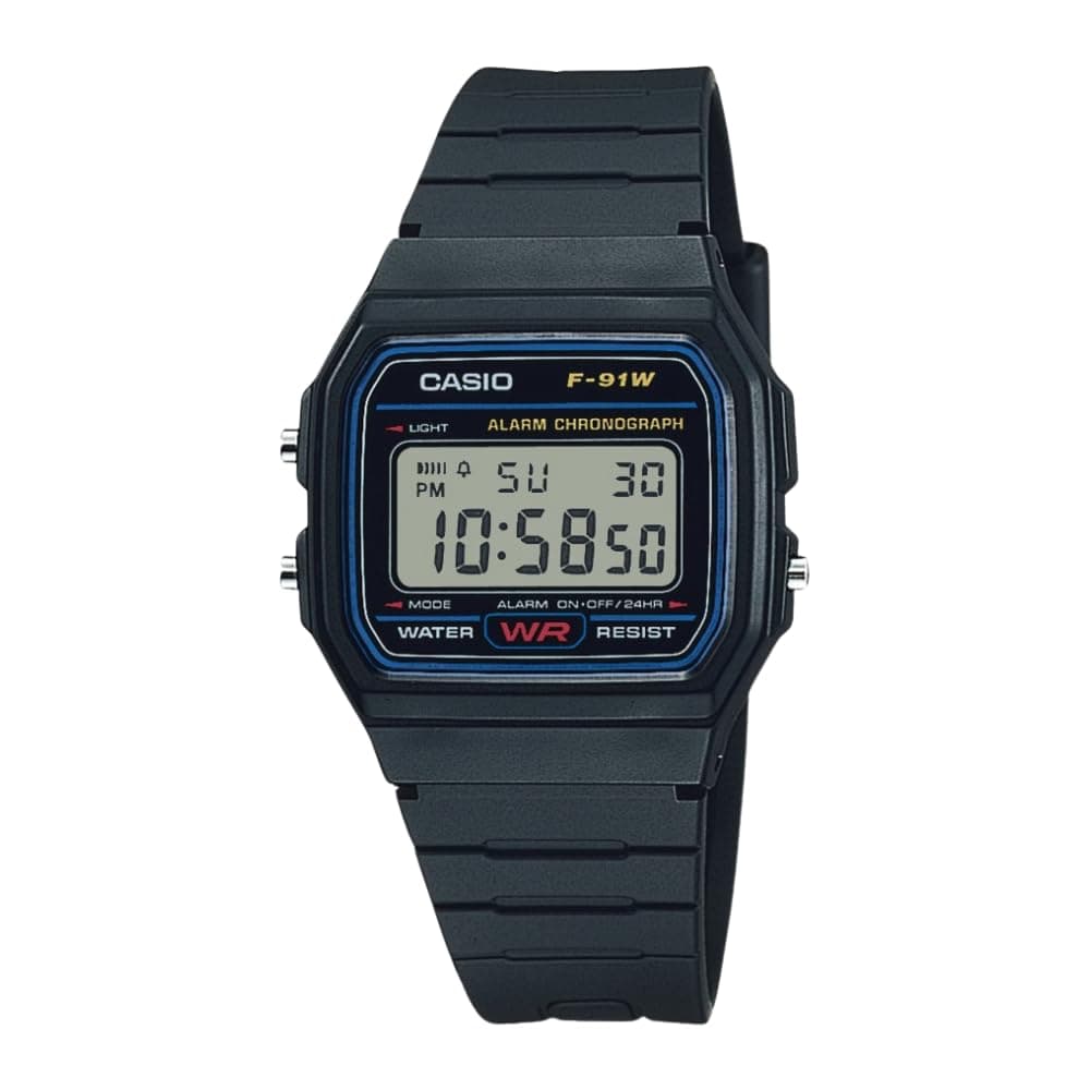 Casio Klassische Quarzuhr der F91W-Serie, wasserabweisend, 1/100-Sekunden-Stoppuhr, täglicher Alarm, stündliches Zeitsignal, automatischer Kalender, SS-Gehäuseboden, 12-/24-Stunden-Format Schwarz Angebot bei HelloDeals
