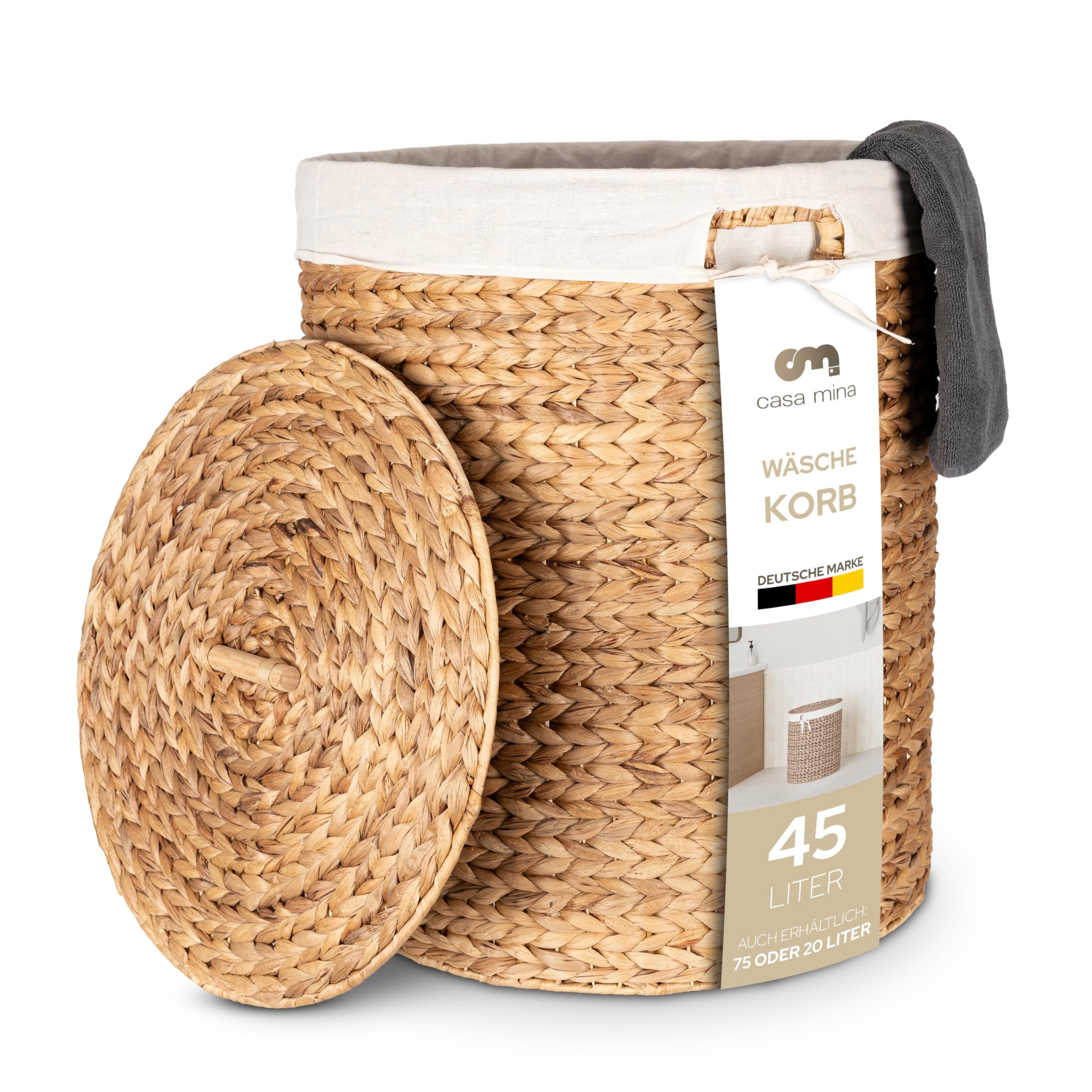 Casa Mina® Wäschesammler mit Deckel D35 x H50cm hoch I Atmungsaktiver Wäschekorb geflochten aus 100% Naturfaser I Robuster Wäschesammler mit Griffen & waschbarem Innensack I Wäschekörbe - Manila Nature 35 x 50cm Angebot bei HelloDeals