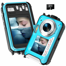 Digitalkamera, Yixinxin 4K Unterwasserkamera, 64MP Autofokus 16FT Digitalkamera wasserdichte mit 32GB Karte, Dual-Screen Selfie 1250mAh Batterie, 16X schwimmfähig Digital für Schnorcheln Blau Angebot bei HelloDeals