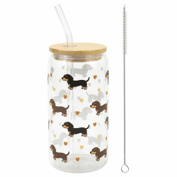 Dackel Glas, 500ml Trinkglas mit Bambusdeckel, Glasstrohhalm und Reinigungsbürste, Dackel Tasse als Geschenk für Dackelliebhaber, Ideal für Heiß- und Kaltgetränke wie Kaffee, Smoothies und Matcha 1 Stück Angebot bei HelloDeals