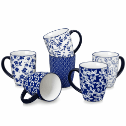 vancasso Kaffeetassen 6er Set, SELENE Porzellan Tassen, 480ml Kaffeebecher mit Henkel, Tasse für Kaffee, Milch, Tee & Kakao, Vintage Blau-weiß Becher Set 6 tlg-480ml Angebot bei HelloDeals