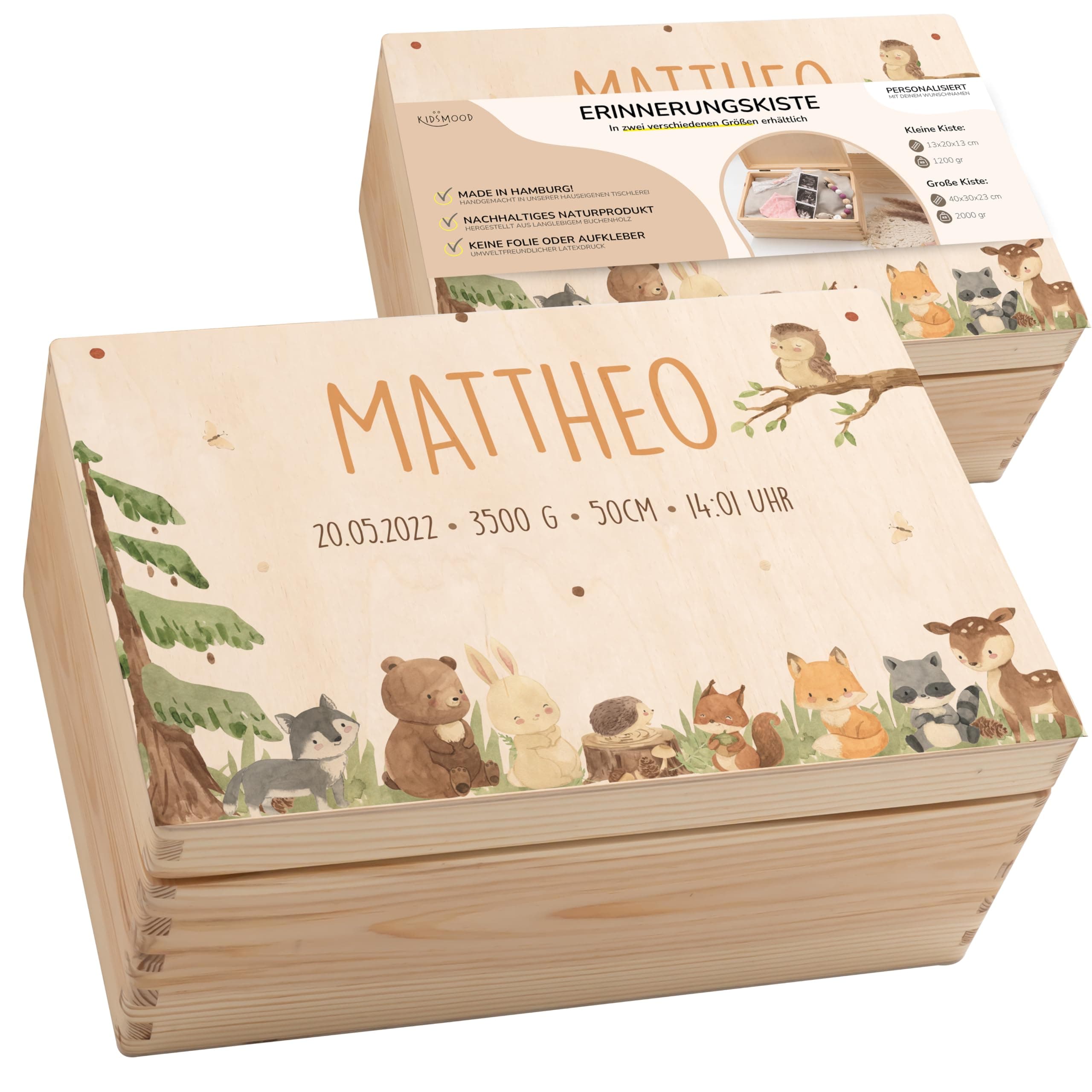 KIDSMOOD - Erinnerungsbox Baby, personalisierte Holzkiste mit Deckel, Ideal zur Aufbewahrung von Erinnerungen und als Geschenk zur Geburt, Taufe oder als Geburtstagsgeschenk für Mädchen und Jungen Waldtiere Mittel | 30x20x14 cm Angebot bei HelloDeals