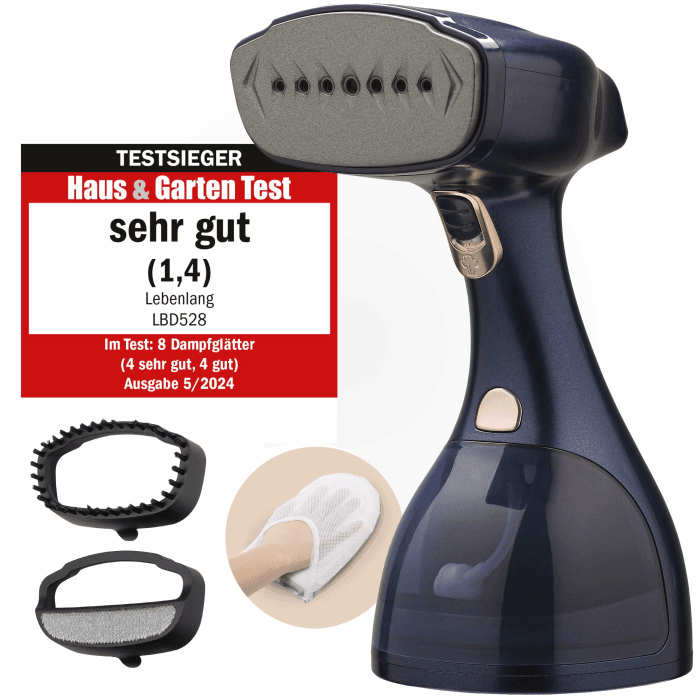 LEBENLANG Steamer Dampfglätter TESTSIEGER - 1500W & 300ml inkl. Bügelhandschuh & Aufsätze I Pro Dampfsteamer für Kleidung & Clothing I Dampfbügeleisen Stiemer Bügeleisen Handheld steam iron - Blau Angebot bei HelloDeals