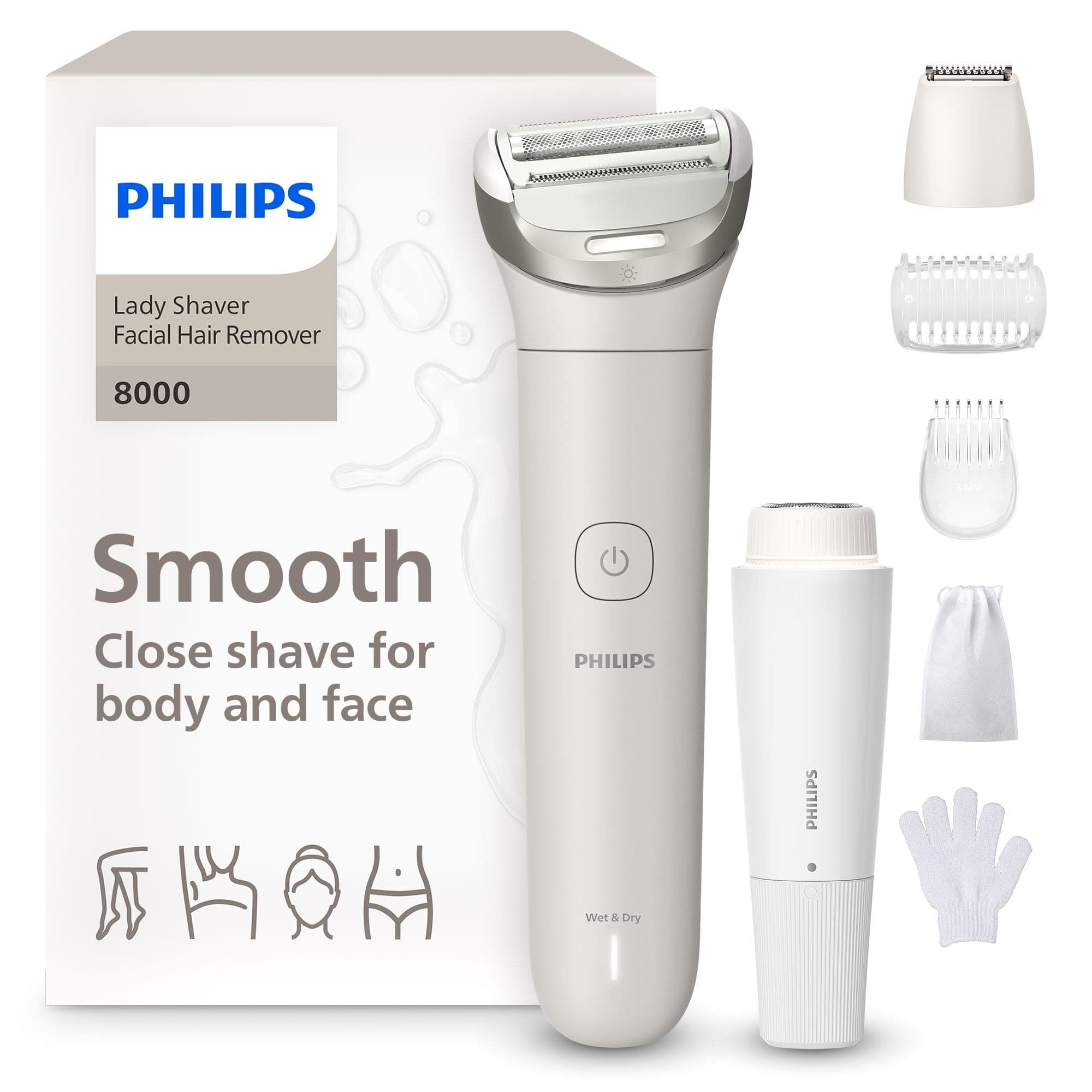 Philips Lady Shaver Series 8000 - kabelloser elektrischer Rasierer, nass und trocken, 3 Klingen, flexibler Scherkopf, LED-Licht, Gesicht/Beine/Körper/Bikinizone, 100 Min. Laufzeit, Modell BRL159/00 Angebot bei HelloDeals