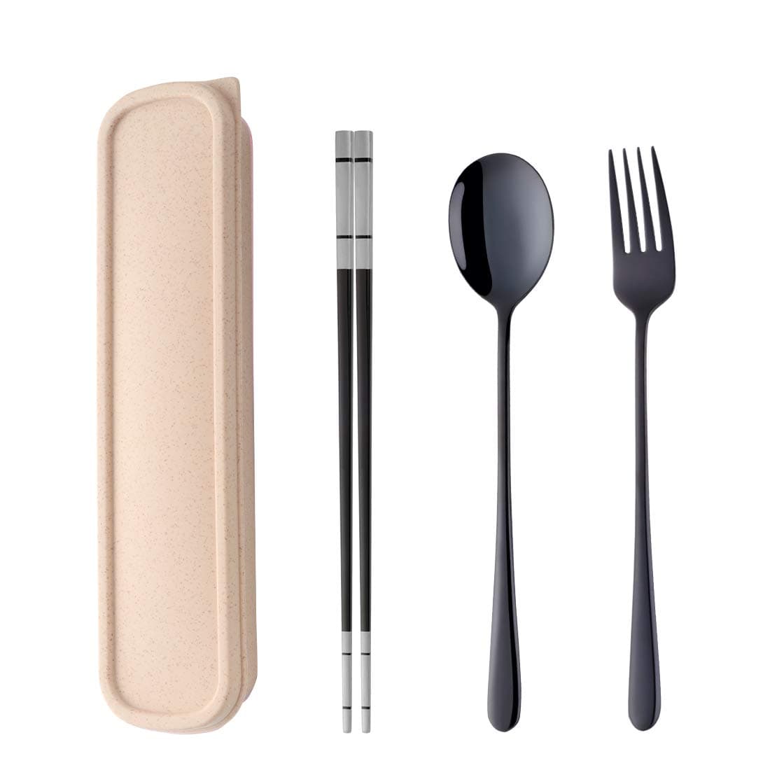 Tragbares Outdoor Reisebesteck set Schwarz Camping Besteck to go Picknick Schule Büro Lunch Geschirr für 1 person Edelstahl Essstäbchen Lange Tafelgabeln Suppenlöffel Weizenstroh Geschenkbox Schwarz-besteck-set + Grundfarbe Weizenkasten Angebot bei HelloDeals