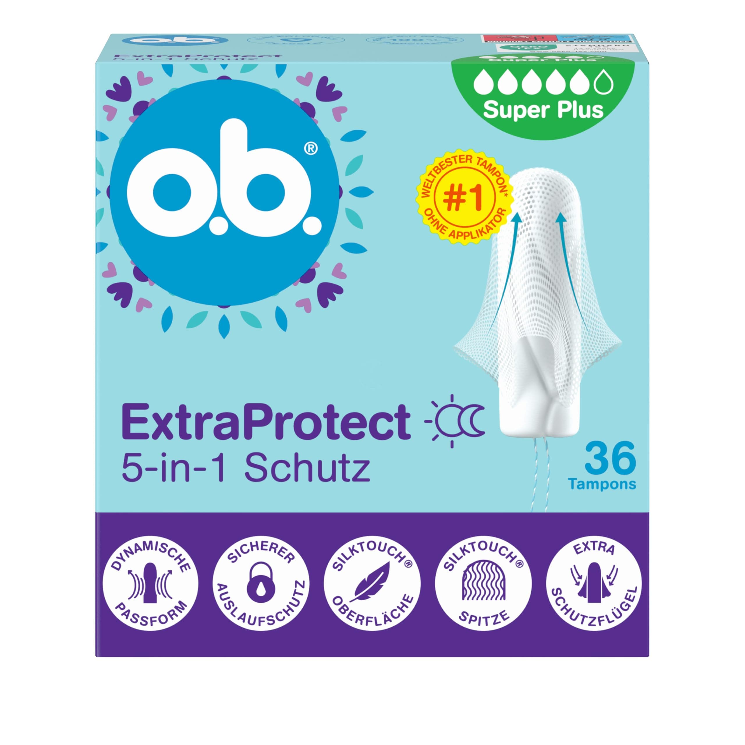 o.b. ExtraProtect 5-in-1 Schutz Tampons (1 x 36 Stk) Mit Extra Schutzflügeln Für Weltbesten Zuverlässigen Auslaufschutz Und Komfort Angebot bei HelloDeals