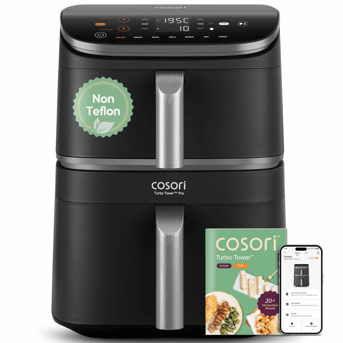 COSORI Turbo Tower Pro Smart Airfryer, 10,8L Keramikbeschichtung Heißluftfritteuse, DualBlaze-Technologie und WLAN-Steuerung, Silbergrau, Grau Silber 10,8L Grau Silber Angebot bei HelloDeals