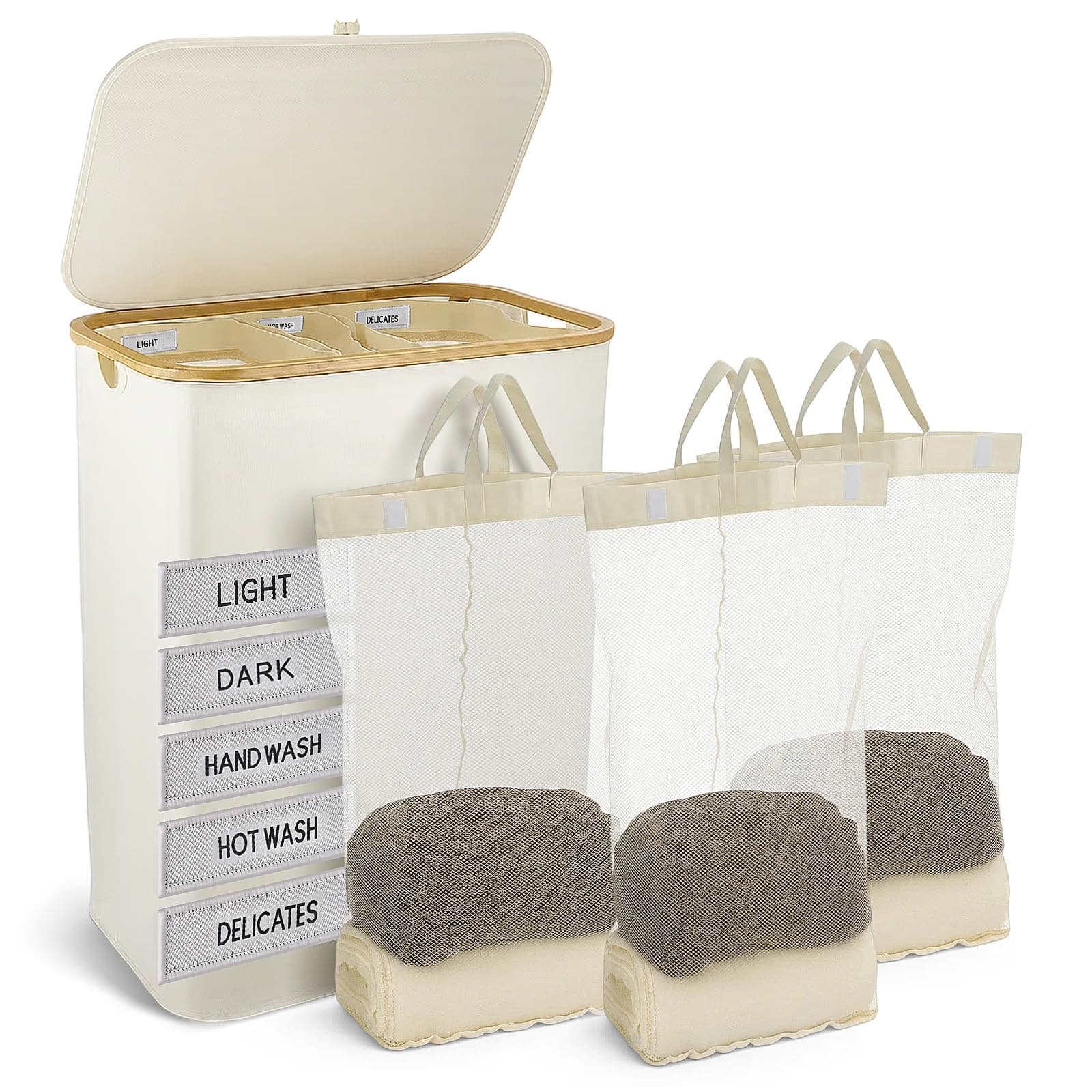 Extra Große Wäschekorb mit Deckel, 160L, 3 Fächer für Schmutzige Kleidung, Inklusive Abnehmbarer Wäschesäcke – Ideal für Schlafzimmer und Waschküche (Weiß, 160L) Weiß 160L Angebot bei HelloDeals