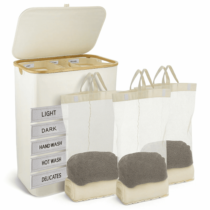 Extra Große Wäschekorb mit Deckel, 160L, 3 Fächer für Schmutzige Kleidung, Inklusive Abnehmbarer Wäschesäcke – Ideal für Schlafzimmer und Waschküche (Weiß, 160L) Weiß 160L Angebot bei HelloDeals