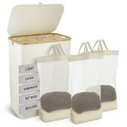 Extra Große Wäschekorb mit Deckel, 160L, 3 Fächer für Schmutzige Kleidung, Inklusive Abnehmbarer Wäschesäcke – Ideal für Schlafzimmer und Waschküche (Weiß, 160L) Weiß 160L Angebot bei HelloDeals