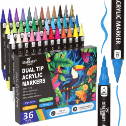 STATIONERY ISLAND Acrylstifte für Steine Wasserfest 36 Farben 1-5mm Dual Tip Acrylmarker für Halloween Basteln, Kürbis Malerei, Rock Painting, Glas, Papier, Ei, Leinwand, Keramik, Stoff, DIY Crafts Angebot bei HelloDeals