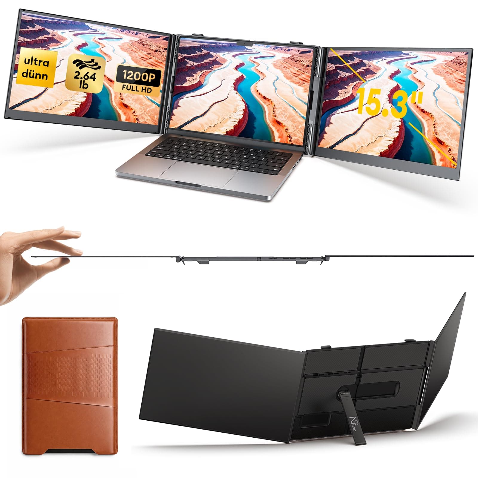 NGTeco 15.3” Laptop Bildschirm Extender, 1200P Portable Monitor Plug-and-Play, 4.6MM Ultra-Thin 1.2KG, Triple Screen Extender Compatible with 14.2-17.3” Mac/Windows Laptops S8 PRO MAX Angebot bei HelloDeals