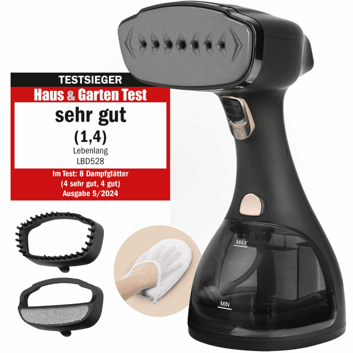 LEBENLANG Steamer Dampfglätter TESTSIEGER - 1500W & 300ml inkl. Bügelhandschuh & Aufsätze I Pro Dampfsteamer für Kleidung & Clothing I Dampfbügeleisen Stiemer Bügeleisen Handheld steam iron - Schwarz Angebot bei HelloDeals