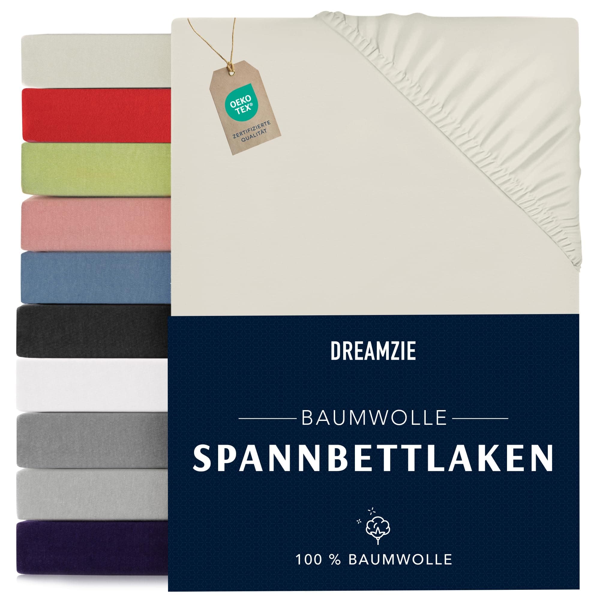Dreamzie - Spannbettlaken 90x190/200cm - Baumwolle Oeko Tex Zertifiziert - Beige - 100% Jersey Spannbetttuch 90x190/200 90 x 190/200 cm Beige Angebot bei HelloDeals
