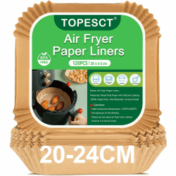 TopEsct Airfryer Backpapier, 20x20 cm Heißluftfritteuse Zubehör für 4,5-8L Körben - BPA-freier - Kompatibel mit COSORI Philips Cecotec XL XXL Airfryer, 120er-Pack Angebot bei HelloDeals