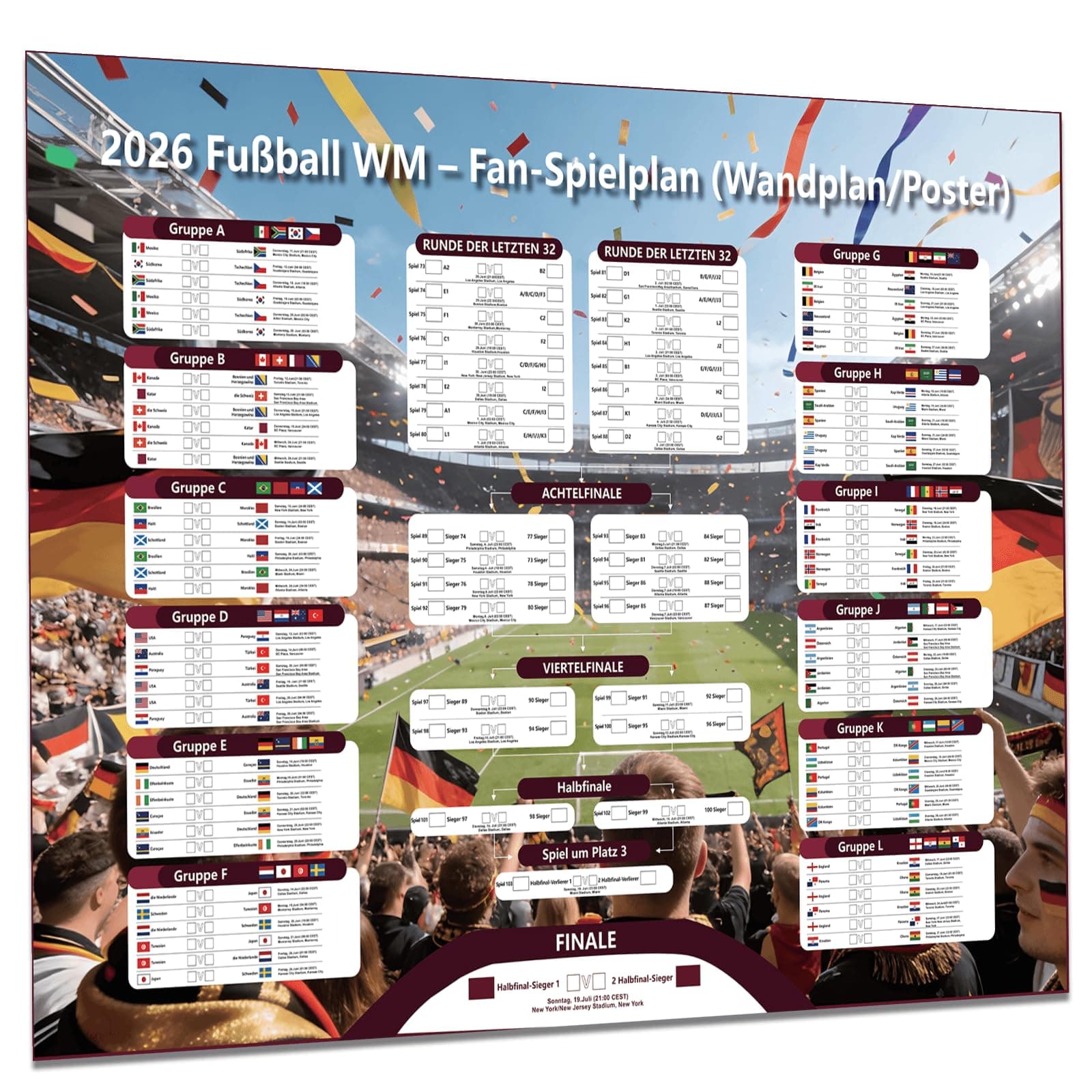 MOECSHSY WM 2026 Spielplan Poster A1 laminiert - Komplette Übersicht aller 104 Spiele, 48 Nationen - Spezial Deutschland Fan Design - Fussball WM 2026 Plan für Zuhause, Büro & Party Angebot bei HelloDeals