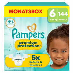 Pampers Premium Protection Größe 6, 144 Windeln, 13kg-18kg, unser Nr. 1 Haut- und Auslaufschutz Angebot bei HelloDeals