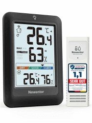 Newentor MAX MIN Thermometer innen außen 24/48 Std./alle Zeiten - Hygrometer Innen mit Luftkomfort - Wetterstation Funk mit Außensensor - Raumthermometer mit Beleuchtung, Schwarz, 1*Außensensor Schwarz 1*Station + 1*Außensensor Angebot bei HelloDeals