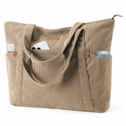 Cord Tasche Damen, Groß Tote Bag Strandtasche mit Reißverschluss, Shopper Tasche Damen Laptoptasche mit 17 Zoll Laptopfach, Elegant Handtasche Umhängetasche für Arbeit Schule Gym-Khaki M Khaki Angebot bei HelloDeals