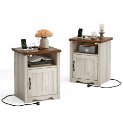 LINSY HOME Nachttisch 2er Set, 48cm Breit Holz Beistelltisch mit Steckdose, Nachtschrank für Schlafzimmer, Wohnzimmer, Couch mit USB Ports und Steckdosen, Nachttisch mit Stauraum, 48x40x60cm, Beige Angebot bei HelloDeals