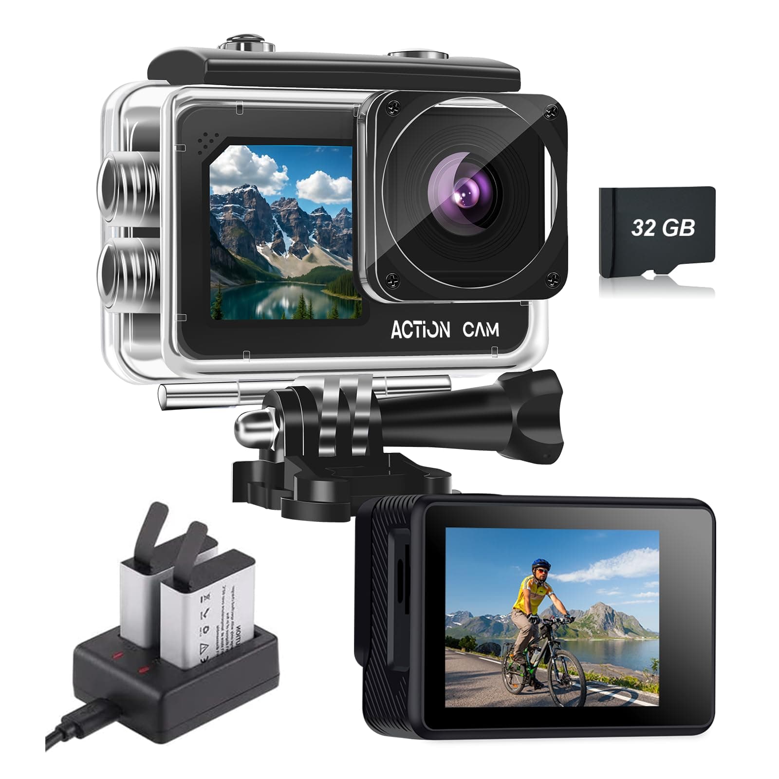 Action Cam FHD 1080P Dual Screen Unterwasserkamera Wasserdicht bis 40M Actionkamera mit 2×1050 mAh Wiederaufladbare Akkus und Zubehör-Set(Black) Angebot bei HelloDeals