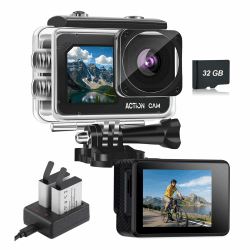 Action Cam FHD 1080P Dual Screen Unterwasserkamera Wasserdicht bis 40M Actionkamera mit 2×1050 mAh Wiederaufladbare Akkus und Zubehör-Set(Black) Angebot bei HelloDeals
