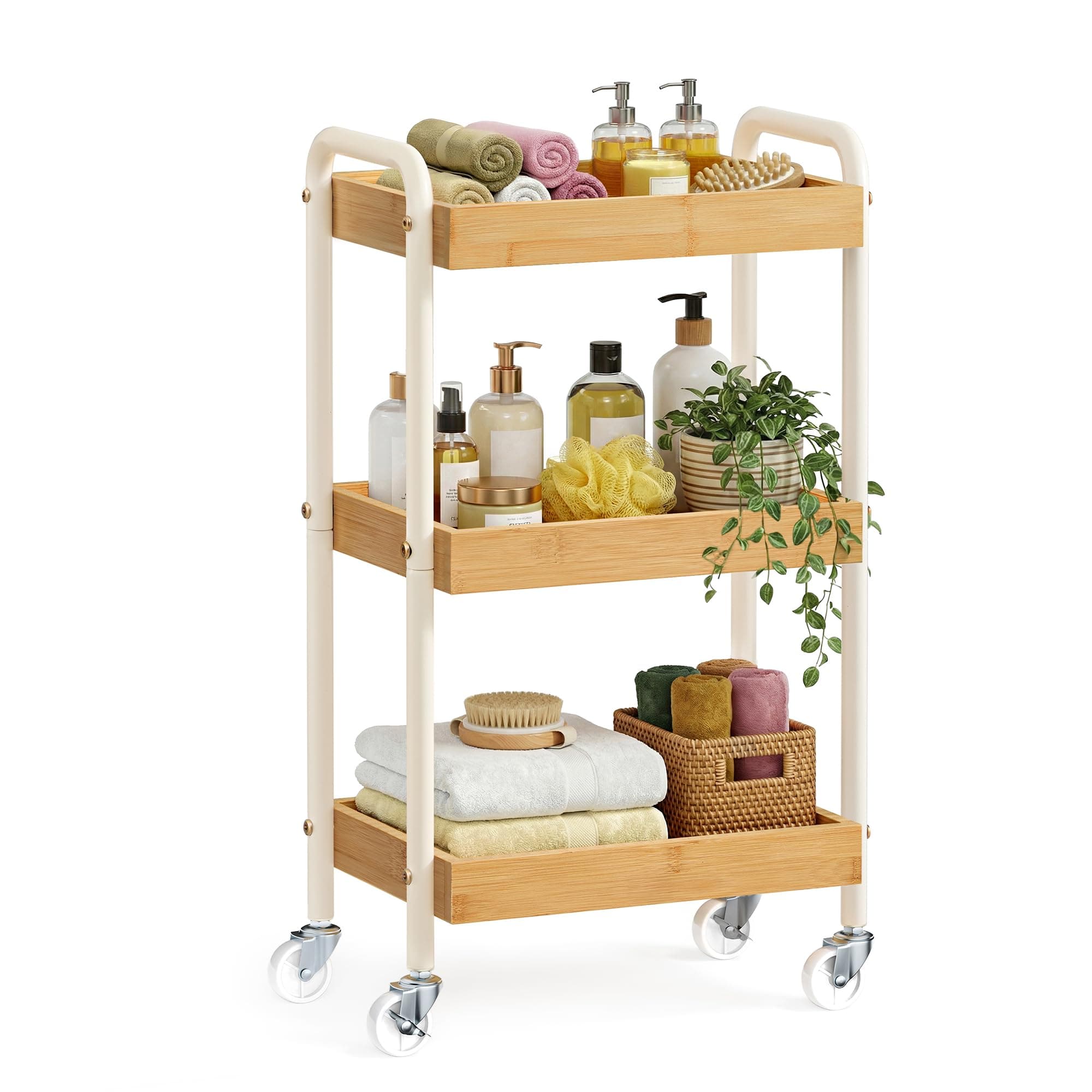 SONGMICS Rollwagen, Servierwagen, Küchenwagen, Küchenregal mit Griffen, einfacher Aufbau, für Schlafzimmer, Badezimmer, Küche, Stahlgestell, 27,5 x 41,3 x 73 cm, naturbeige LRC081YL01 Angebot bei HelloDeals