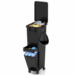 LIFEZEAL 32 L Mülleimer auf Rädern, Abfallsammler Küche, Trocken- und Nasstrennung Mülltrennsystem mit 3 Fächern, Tretmülleimer mit Griff, Haken für Küche Wohnung Büro (Schwarz) Angebot bei HelloDeals