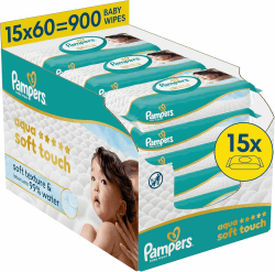 Pampers Aqua Soft Touch Baby-Feuchttücher, 15 Packungen mit 60 Feuchttüchern = 900 Baby-Feuchttücher, weiche Textur & Lotion mit 99% Wasser Angebot bei HelloDeals