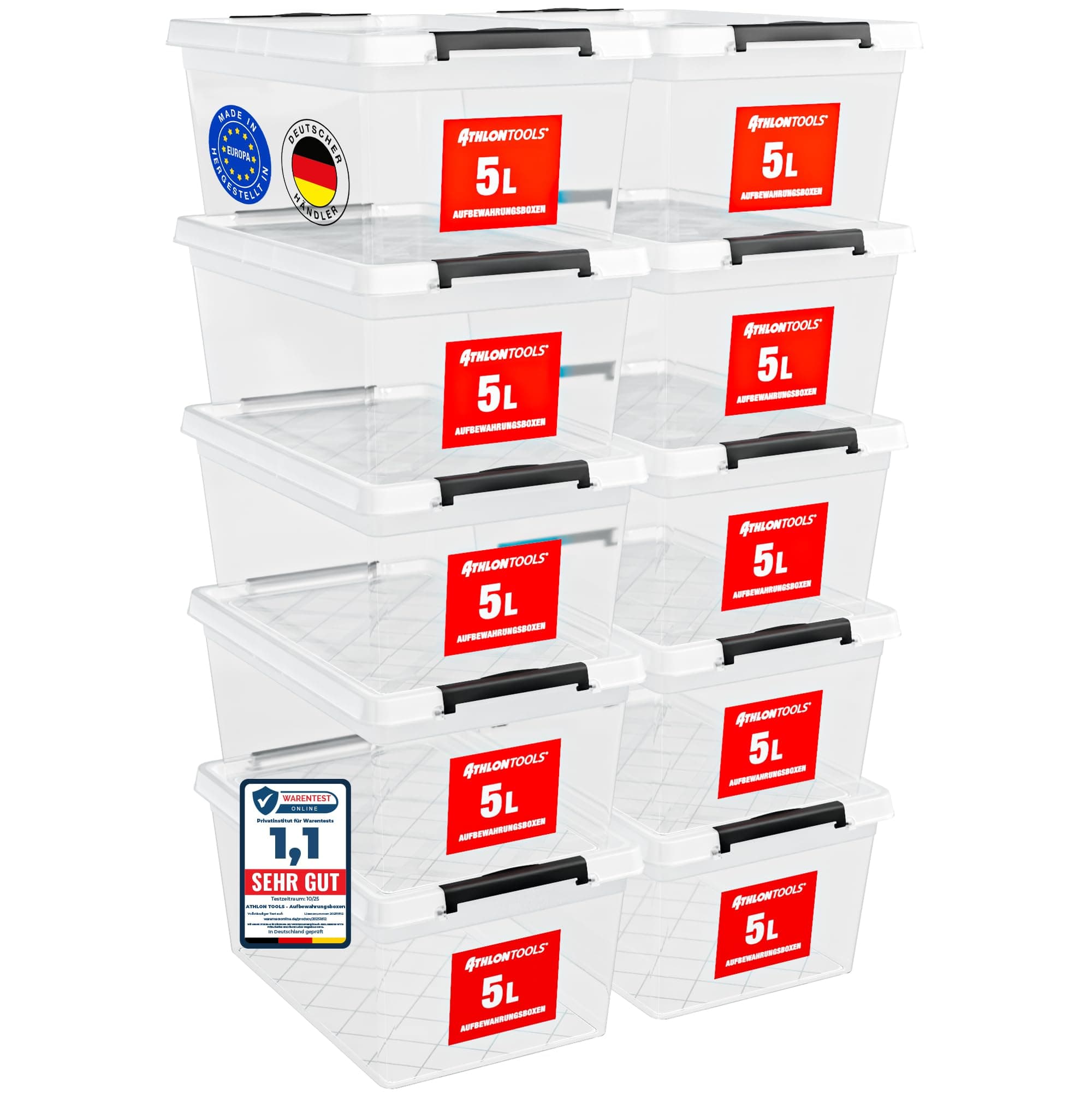 ATHLON TOOLS 10er Set 5l Aufbewahrungsbox mit Deckel klein - 100% Lebensmittelecht BPA frei - Plastikbox mit Deckel stapelbar - Aufbewahrung & Ordnung - Kunststoff Stapelboxen aus Neumaterial 5 L | 10er-Set Angebot bei HelloDeals