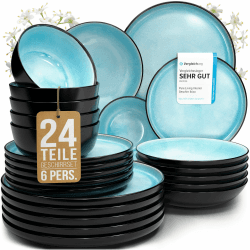 Steingut Geschirrset 6 Personen Ibiza 24 tlg. TESTSIEGER, Traumhaftes Mediterranes Steingut Geschirr Set, Schüssel- und Teller Set, Tafelservice 6 Personen, Geschirrsets Pure Living in Aquamarin Set 24 Teile 6 Pers. Türkis Angebot bei HelloDeals