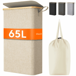Lifewit 70L Wäschekorb Schmal mit Deckel, Faltbarer Wäschesammler Schmal mit Wäschesack, Laundry Basket Wäscheboxen aus Bambus mit Tragegriff für Apartment, Wohnheim und Wohnwagen, Beige Beige 65L Angebot bei HelloDeals