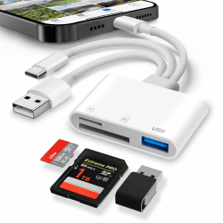 SD Kartenleser USB C/USB A/Lightning, SD Kartenleser für iPhone mit SD, Micro SD/TF und USB Anschluss, Plug-and-Play, Kartenlesegerät für iPhone, iPad, MacBook, PC und Android Geräte usw Weiß Angebot bei HelloDeals