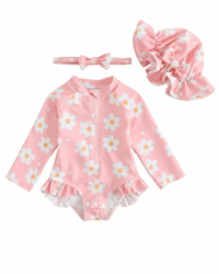 UV Badebekleidung Baby Neugeborene Badeanzug Mädchen Gr 62-98, Langarm UV Kleidung Baby UV Shirt Mit Hut & Stirnband, Kleinkinder UV Anzug Schwimmanzug Schutz Rosa Blume 6-12 Monate Angebot bei HelloDeals