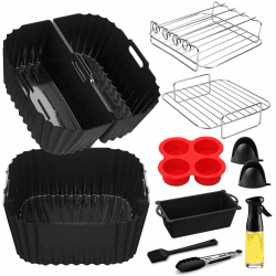 Heißluftfritteuse Zubehör für Russell Hobbs XXL 8L 8,3L, Airfryer Silikonform für COSORI Turboblaze 6L 6,2L 6,4L, Bosch 7,2L, Aigostar 7L, Wiederverwendbar, Air Fryer Accessories, Grillrost Schwarz 3 in 1(8l-8.3l)set Angebot bei HelloDeals