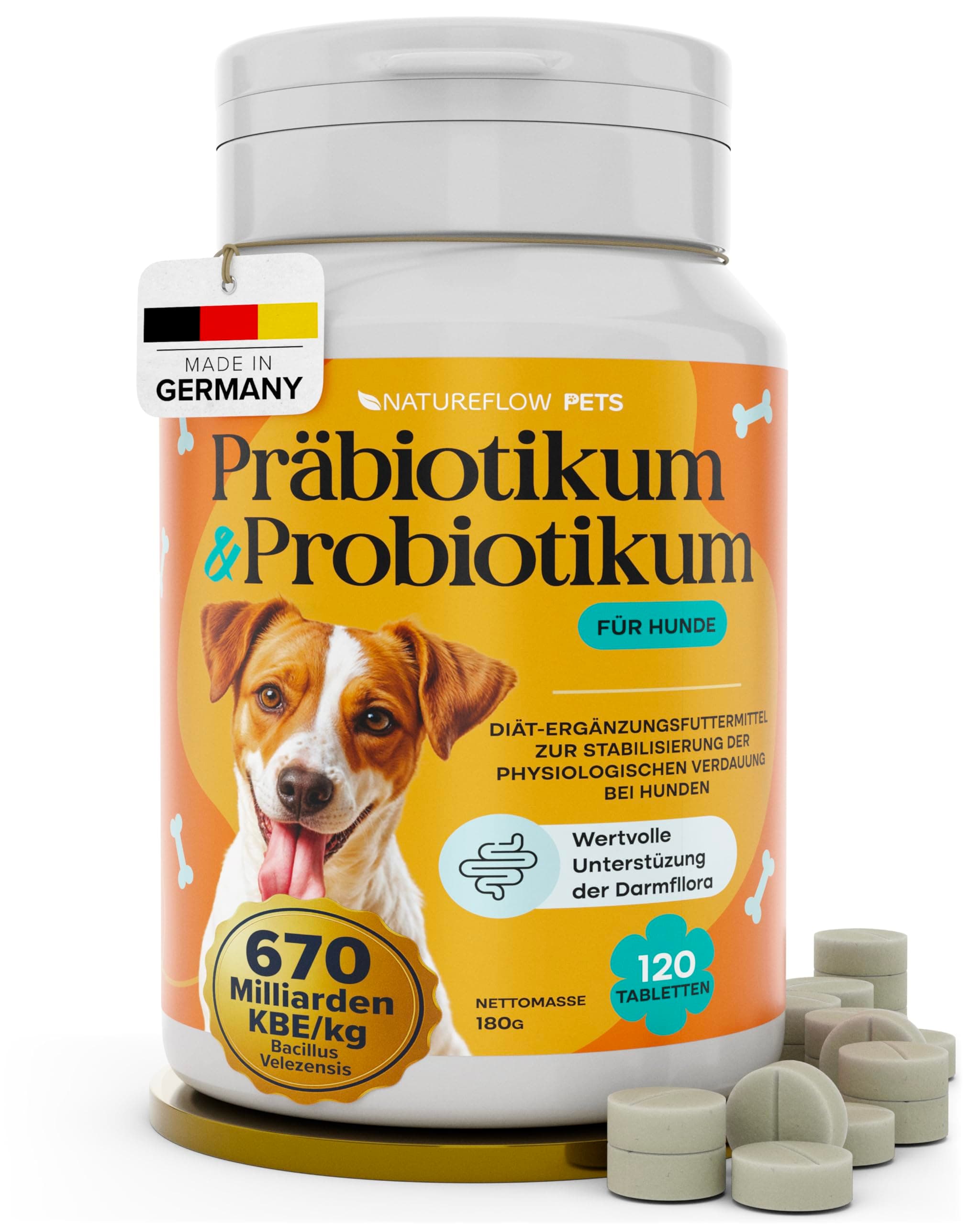 Natureflow Pets - Probiotika Hund - Darmkur bei Durchfall, Blähungen & Sodbrennen - Darmflora aufbauen & Magen-Darm stärken Präbiotika für Hunde - Magenschutz & Darmwohl mit Präbiotikum 120 Tabletten Angebot bei HelloDeals