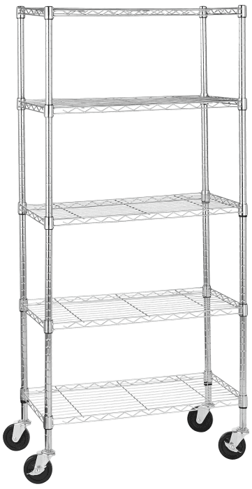 Amazon Basics Lagereinheit mit 5 Regalböden, mittelgroß auf 10,2 cm großen Rollen mit höhenverstellbaren Einlegeböden und Nivellierfüßen, max.680 kg Gewicht, Chrom, 35.6 x 76.2 x 164.5 cm (T x B x H) Angebot bei HelloDeals