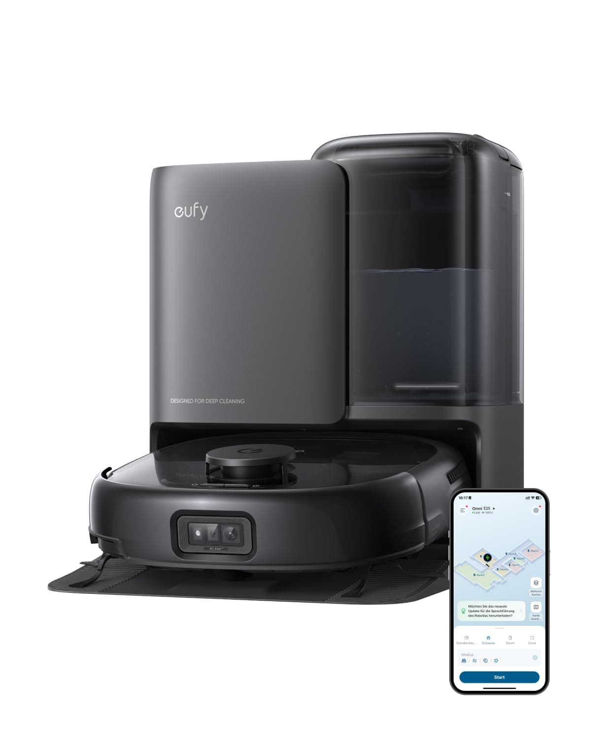 eufy Saug- und Wischroboter E25 Omni, HydroJet System mit selbstreinigender Wischrolle, 20.000Pa Saugkraft, Anti-Verheddern-Bürsten, Ecken- & Kantenreinigung,All-in-One-Station (Generalüberholt) Omni E25 Angebot bei HelloDeals