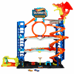 Hot Wheels Let's Race Netflix - Ultimative Garage - Mehrere Ebenen Parkgarage, 3ft hoch, mit 2 Die-Cast-Autos, ab 5 Jahren, Rennspaß, Stunt-Abenteuer, Drachenkampf, Autowaschanlage, Fahrstuhl, HKX48 City Ultimate Garage Angebot bei HelloDeals