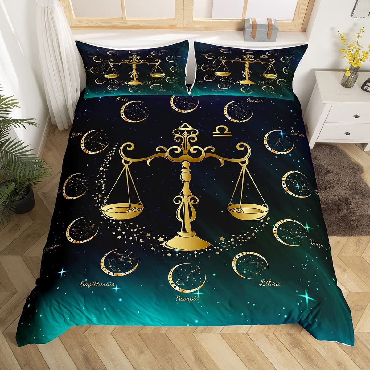 Waage Sternzeichen Bettwäsche-Set,Malerei mit Goldschuppen Bettwäsche Set 135x200cm,Boho Mystery Galaxy Betten Set für Kinder Jungen Mädchen Teenager 2St.Reißverschluss Mikrofaser Cyjs2221 135*200+80*80*1 Angebot bei HelloDeals