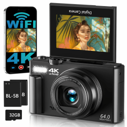 Digitalkamera 4K mit WLAN 64MP Kamera Fotokamera 3" 180° Flip Screen Fotoapparat Digital Kamera Kompaktkamera für Anfänger, 18X Digitalzoom, Autofokus, mit 32GB Karte, 2 Batterien black Angebot bei HelloDeals