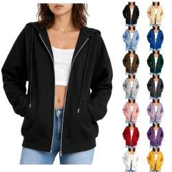 Damen Sweatjacke mit Kapuze und Zipper, Kapuzenjacke Hoodie Oversize Sweatshirt für Frauen Langarm Kordelzug Taschen Locker Bequem Weich Basic Casual Freizeit Sport Streetwear Herbst Übergang Schwarz M Angebot bei HelloDeals