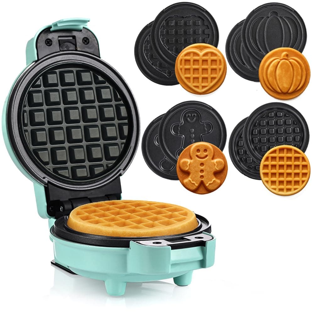 LEHMANN Mini Waffeleisen mit Wechselplatten 4-in-1 - Herz, Klassisch, Kürbis, Lebkuchen, Antihaftbeschichtung, Kleines Waffeleisen für Kindergeburtstage & Familienfeiern, Mintgrün Angebot bei HelloDeals