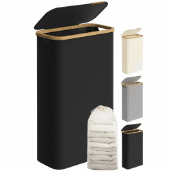 SONGMICS Wäschekorb mit Deckel, Wäschesammler 65 L, platzsparend, herausnehmbarer Wäschesack, Oxford-Gewebe, Griffe aus Bambus, zusammenklappbar, 42 x 22,5 x 70,5 cm, tintenschwarz LCB506B01 65 L (1 Fach) Tintenschwarz Angebot bei HelloDeals