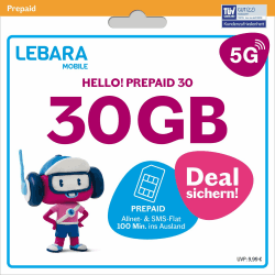 LEBARA Prepaid SIM-Karte mit Hello! 30 Prepaid Tarif ohne Vertrag | 30 GB Datenvolumen inkl. 5G | Allnet Flat | 100 Minuten ins Ausland Angebot bei HelloDeals