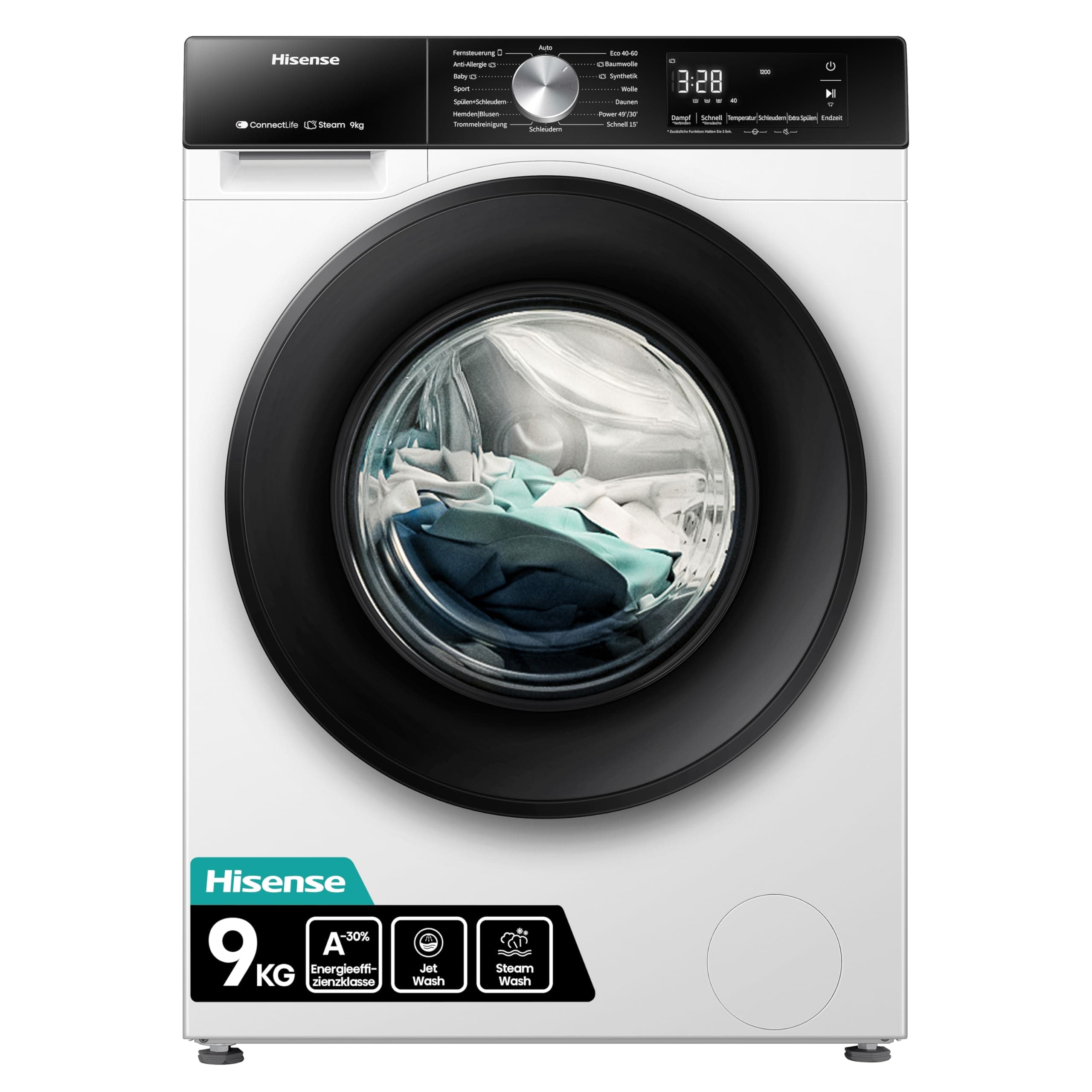 Hisense WF3S9043BW3 Waschmachine mit Dampffunkunktion, 9 kg, 1400 U,min, WiFi, ConnectLife, Power JetWash, Anti-Allergie Programm, Aqua Stop, Auto Wash, Quick Wash, EEK A-30 Prozent Weiß 9 Mit WIFI 2025 Angebot bei HelloDeals