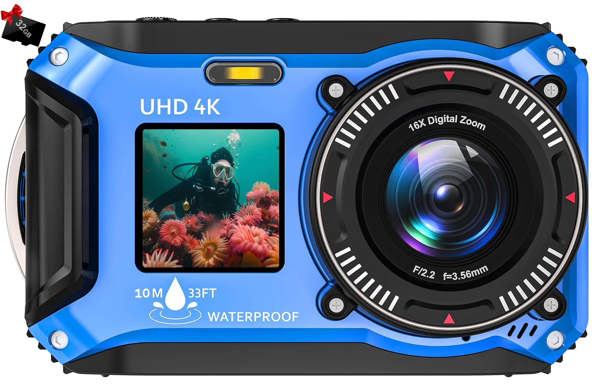 Unterwasserkamera, 4K Digitalkamera wasserdichte 64MP wasserdichte Kamera 33FT wasserdicht staubgeschützt schwimmfähig mit Autofokus Digitalkamera 1500-mAh-Akku Blau Angebot bei HelloDeals