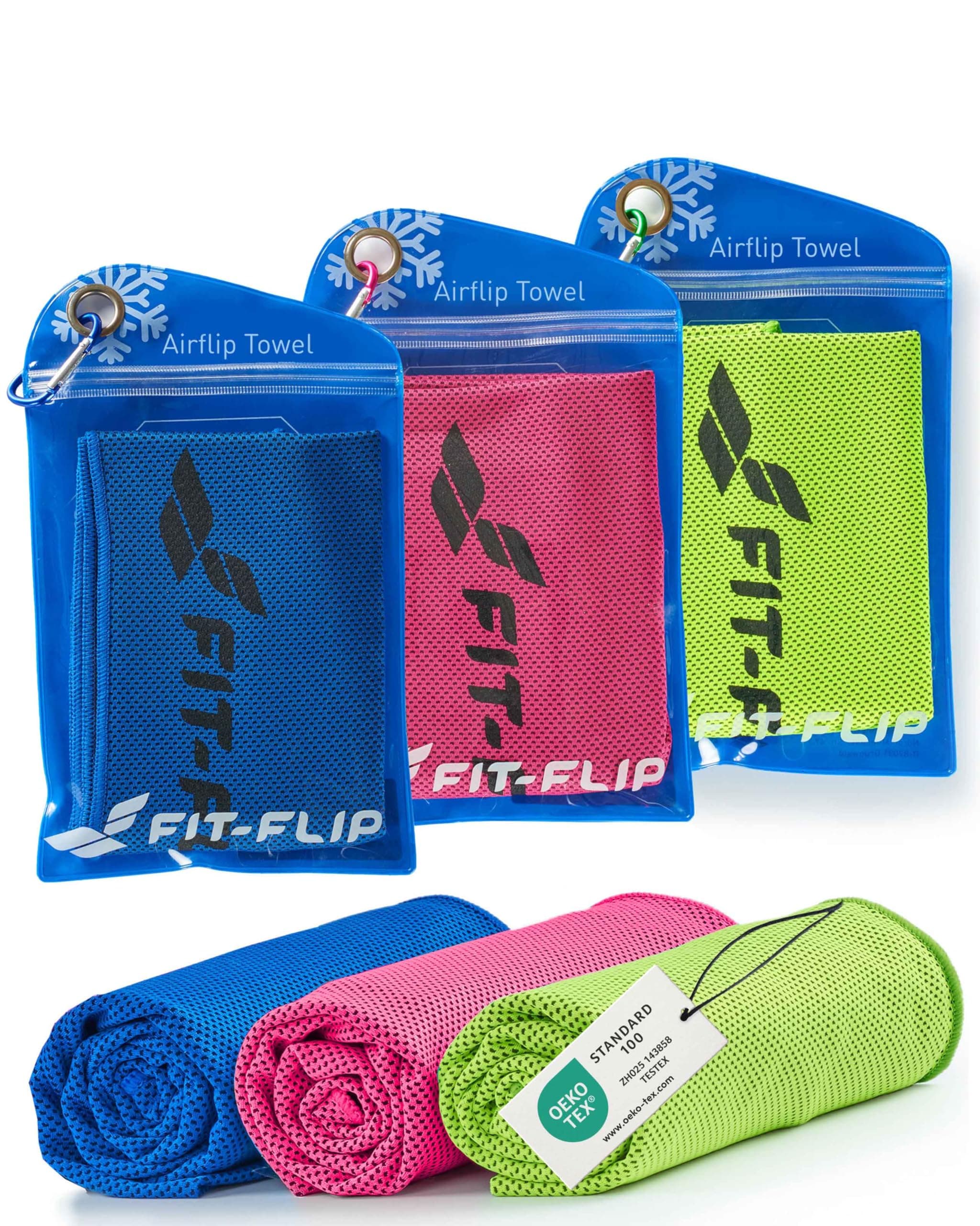 Fit-Flip Kühltuch 3er Set – kühlendes Handtuch Fitness und Sport – mikrofaser kühlhandtuch Nacken – Airflip kühltücher – cool Ice Towel mit Kühlfunktion Dunkelblau, Grün, Pink 100x30cm - 3 Stück - je Farbe ein Handtuch Angebot bei HelloDeals