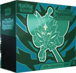 Pokémon-Sammelkartenspiel: Top-Trainer-Box Karmesin & Purpur – Maskerade im Zwielicht (1 Vollbild-Promokarte mit Türkisgrüne-Maske-Ogerpon, 9 Boosterpacks & Premium-Zubehör) Single Angebot bei HelloDeals
