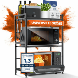 Heldenwunder Mikrowellenregal Küchenregal stehend Stahl (3-stufig) | Mikrowellen Regal Mikrowellenschrank | Vorratsregal Bäckerregal höhen & längenverstellbare Ablage + Videoanleitung, Haken - Schwarz Schwarz 3-Stufig Angebot bei HelloDeals